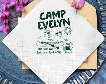 Personalized Lake Bachelorette Party Favors, Camp Bachelorette Napkins, Custom Camping Bachelorette Decor, Girls Weekend Trip Napkins