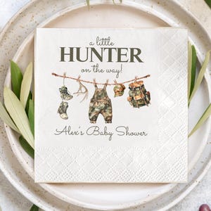 A Little Hunter Is On The Way Baby Shower Napkins, Hunting Theme Party Napkins, Baby Shower Cocktail Guest Towels, Rustic Party Decor
