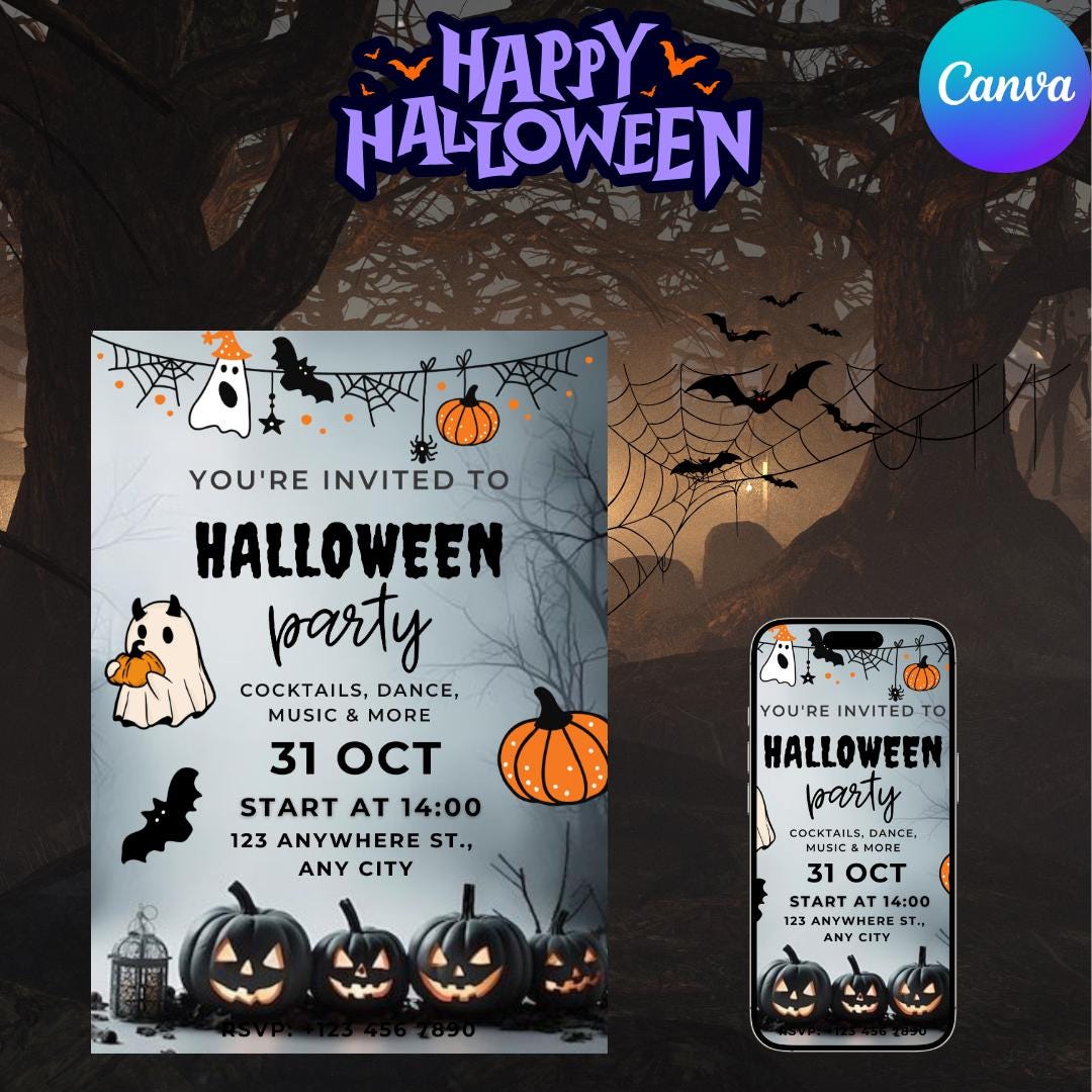 Editable Halloween Party Invitation Canva Template Adult Costume Party ...