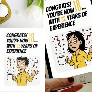 Grappige 50e verjaardagskaart | 18 jaar met 32 jaar ervaring | Afdrukbare digitale wenskaart voor hem of haar | Humorkaart voor volwassenen
