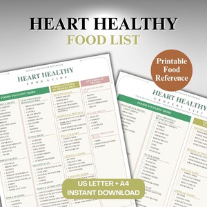 以下が含まれることがあります： Heart Healthy Food ListおよびHeart Healthy Food Guideと題されたデジタル文書。より多く楽しむ食品、適度に楽しむ食品、時折の楽しみとして分類されたリストが記載されています。Printable Food Referenceというテキストが書かれた茶色の円が含まれています。
