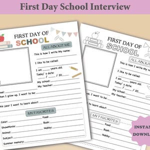 以下が含まれることがあります： 「学校初日インタビュー」の印刷可能なシート2枚。各シートには、写真、名前、年齢、学校、お気に入りのスペースがあります。「インスタントダウンロード」のテキストが含まれています。シートは学校をテーマにしたグラフィックで装飾されています。