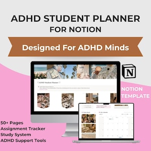 以下が含まれることがあります： Notion用のADHD学生向けプランナーテンプレートがデスクトップモニターとノートパソコンの画面に表示されています。画像には「ADHD STUDENT PLANNER FOR NOTION」、「Designed For ADHD Minds」、「50+ Pages」、「Assignment Tracker」、「Study System」、「ADHD Support Tools」というテキストが含まれています。