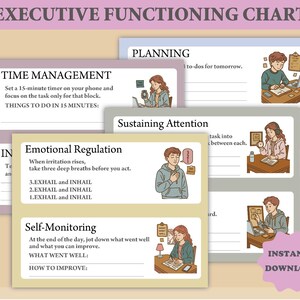 以下が含まれることがあります： 時間管理、計画、感情調整、注意力の維持、自己モニタリングに関するセクションを含む、エグゼクティブ機能チャート。 各セクションにはプロンプトとイラストが含まれています。 このチャートはソフトなカラーパレットで設計されており、「INSTANT DOWNLOAD」というテキストが含まれています。
