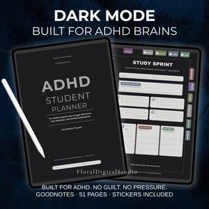 Może przedstawiać: Cyfrowy planer dla studentów z ADHD w trybie ciemnym, wyświetlany na tablecie z białym rysikiem. Planer zawiera sekcje dotyczące sprintów nauki, zadań i zadań. Tekst na obrazku brzmi: "Zbudowany dla mózgów ADHD" i "Bez presji. Bez poczucia winy."