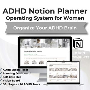 以下が含まれることがあります： ADHD Notion Planner Operating System for WomenというタイトルのデジタルNotionプランナーテンプレート。デスクトップモニターとノートパソコンに、ADHDオペレーティングシステムダッシュボード、ビジョンボード、チェックリスト付きの計画ツールが表示されています。