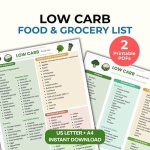 Puede incluir: Dos documentos PDF imprimibles titulados LOW CARB FOOD & GROCERY LIST. Las páginas presentan listas categorizadas de alimentos con ilustraciones de verduras como coliflor y brócoli, formateadas para tamaños de papel US Letter y A4.