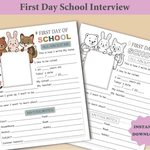 以下が含まれることがあります： 「First Day of School Interview」の印刷可能なシートが2枚。各シートには写真用のスペース、個人の詳細を尋ねるプロンプト、お気に入りのセクションがあります。シートは漫画の動物と「First Day of School」のテキストで装飾されています。