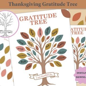 May include: Thanksgiving Gratitude Tree printable art. The design features a tree with leaves labeled with words like "family" and "friends." The words "I am thankful for" are written on a banner at the bottom. The words "Instant Download" are also visible.