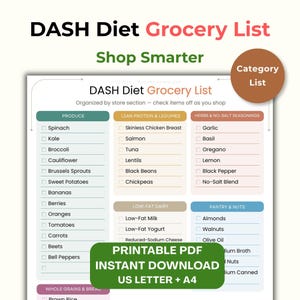 May include: A DASH Diet Grocery List printable PDF document organized by store sections including produce, lean protein, legumes, herbs, seasonings, low-fat dairy, pantry, nuts, and whole grains. The list features checkboxes for tracking items.