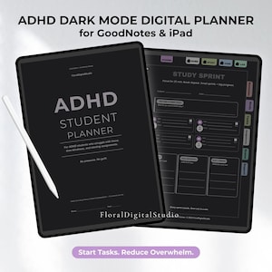 以下が含まれることがあります： 白文字の2つの黒いデジタルプランナー。左側のプランナーには「ADHD STUDENT PLANNER」と書かれており、右側のプランナーにはスタディスプリントのレイアウトが表示されています。白いスタイラスが左側のプランナーに置かれています。上部のテキストは「ADHD DARK MODE DIGITAL PLANNER for GoodNotes & iPad」と書かれています。