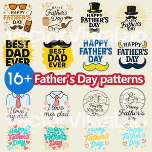 16+ Father’s Day Clipart Bundle – Funny Dad Quotes, Retro Modern Graphics, Printable T-Shirt Sublimation PNGs,  Hand Drawn, Digital Art