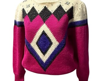 Vintage 80s Pink Purple Lurex  Sweater Argyle Top Retro Glam Party