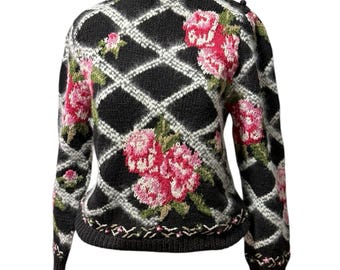 Lauren Cole Vintage 80s Floral Pattern Hand Knit Sweater Top Cottagecore Small