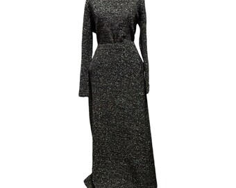 Vintage 1970s Starry Night Black & Silver Metallic Maxi Skirt Lurex Set Goth L