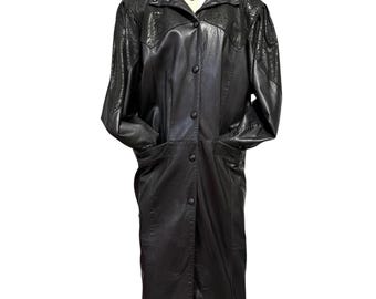 80s Black Leather Trench Coat, Buttery Soft, XS