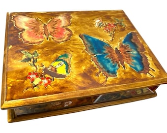 VTG Reverse Painted Glass Butterflies Wood Jewelry Box Trinket Box Peruvian ART