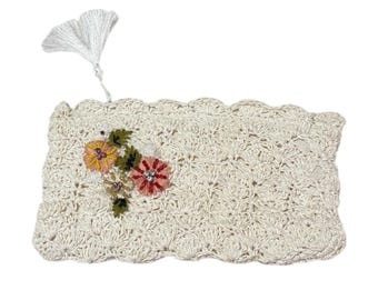 1950s Raffia Beded Clutch Purse, Vintage Handbag, Mid Century Mod Floral Retro