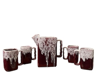 VTG MCM 60's Cubist Wave GONDER Pitcher/ 4 Mugs Maroon Foam Drip Glaze Rare set