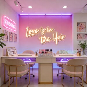 Insegna al neon per salone di parrucchiere, "L'amore è nei capelli", luce al neon a LED, decorazione per salone di bellezza, regalo per parrucchiere, arte murale al neon personalizzata per attività commerciali. immagine 2