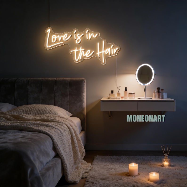 Insegna al neon per salone di parrucchiere, "L'amore è nei capelli", luce al neon a LED, decorazione per salone di bellezza, regalo per parrucchiere, arte murale al neon personalizzata per attività commerciali. immagine 5