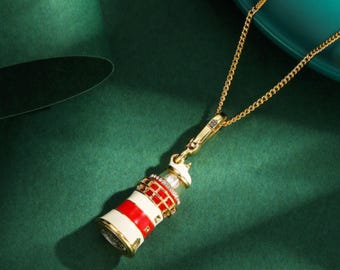 Lighthouse Enamel Gold Plated Crystal Nautical Charm Pendant Necklace