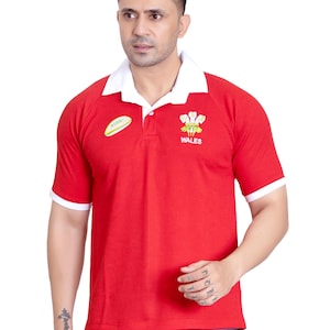 Wales Rugby Short Sleeve T Shirt for Men | Classic Rugby Fan Shirt Button Down Collar | Sizes S–XXL