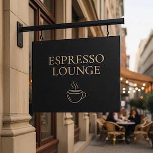 May include: A black rectangular sign with the words "ESPRESSO LOUNGE" in gold lettering, and a gold outline of a coffee cup with steam. The sign hangs from a black metal bracket. A blurred outdoor cafe scene is in the background.