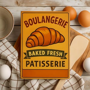 Vintage Boulangerie Croissant – French Bakery Wall Art, Patisserie Kitchen Decor, Baked Goods Sign, Warm Yellow Cafe Print, Multiple Styles