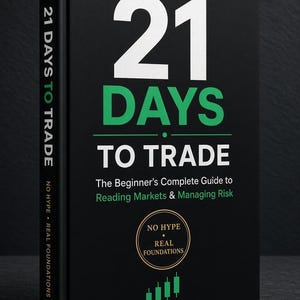 Puede incluir: Un libro de tapa dura negro titulado 21 DAYS TO TRADE. La portada presenta texto en blanco y verde, incluyendo el subtítulo The Beginner's Complete Guide to Reading Markets & Managing Risk, una insignia circular y cuatro iconos de velas verdes.
