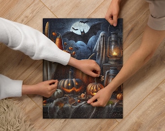 Puzzle z latarnią na Halloween: Straszna scena z duchem i nietoperzem, 520 elementów