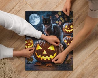 Black Cat Halloween Puzzle: Glowing Jack-o'-Lantern Jigsaw (520 Piece, 15.74" x 19.74")