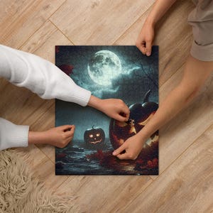 Halloween Pumpkin Moon Jigsaw Puzzle, 520 Piece Jack-o&#39;-Lantern Puzzle, Spooky Full Moon Puzzle, Haunted Fall Puzzle Gift for Adults