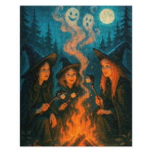 Halloween Campfire Jigsaw Puzzle: Witches Roasting Marshmallows, Spooky Cottagecore