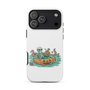 May include: White phone case featuring a cartoon skeleton wearing sunglasses, relaxing in a pumpkin-shaped floatie. The skeleton is holding a pumpkin drink with a straw. A flamingo float and tentacles are also in the water.