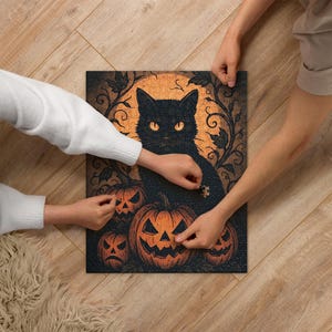 Halloween Black Cat Jigsaw Puzzle, 520 Piece Spooky Pumpkin Puzzle, Gothic Fall Decor, Witchy Cat Puzzle Gift for Halloween Lovers