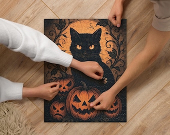 Halloween Black Cat Jigsaw Puzzle: Spooky Gothic Fall Decor