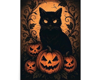 May include: A Halloween-themed poster featuring a black cat with glowing orange eyes, sitting above four carved jack-o'-lanterns. The background includes a full moon and decorative vines, creating a spooky and festive atmosphere. The artwork is printed on a poster.