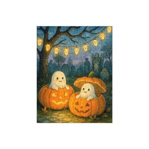 May include: A Halloween-themed jigsaw puzzle featuring two smiling ghosts inside carved orange pumpkins. The background shows a graveyard, a tree, and string lights with ghost-shaped bulbs. The puzzle is a fun seasonal activity.