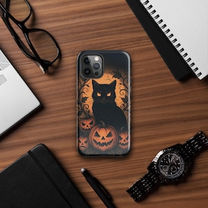 ハロウィン黒猫iPhoneケース、不気味なカボチャの頑丈な電話ケース、ゴシックな秋のiPhoneカバー、魔女のハロウィンギフト、11 12 13 14 15 16
