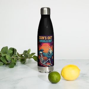 Sun’s Out Ghouls Out Water Bottle, Summerween Skeleton Stainless Flask, Spooky Beach Halloween Bottle, 17 oz Goth Pool Gift
