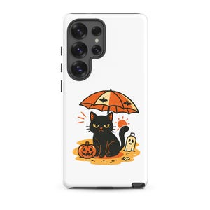 May include: White phone case featuring a Halloween-themed illustration. A black cat with an angry expression sits under an orange umbrella with bat silhouettes. A carved pumpkin and a ghost are also present.