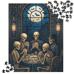 Gothic Jigsaw 520 Piece 1920s Skeleton Poker Puzzle, Spooky Art Deco Halloween Puzzle for Adults, Unique Gift for Skull & Card Lovers
