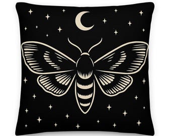 Night Moth Throw Pillow: Gothic Crescent Moon Witchcore Cushion