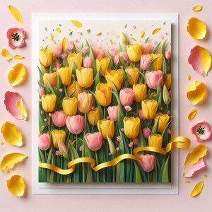 a card with many yellow tulips and pink torntulippetals