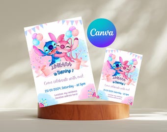 Stitch and Angel Birthday Invitation: Editable & Printable Template – Beautiful Invitation for Your Little One's Birthday, Editable in Canva