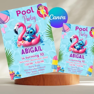 Modelo de convite de aniversário editável Stitch, convite de aniversário para impressão Stitch Pool, convite digital para festa infantil, convite digital para cartão de aniversário
