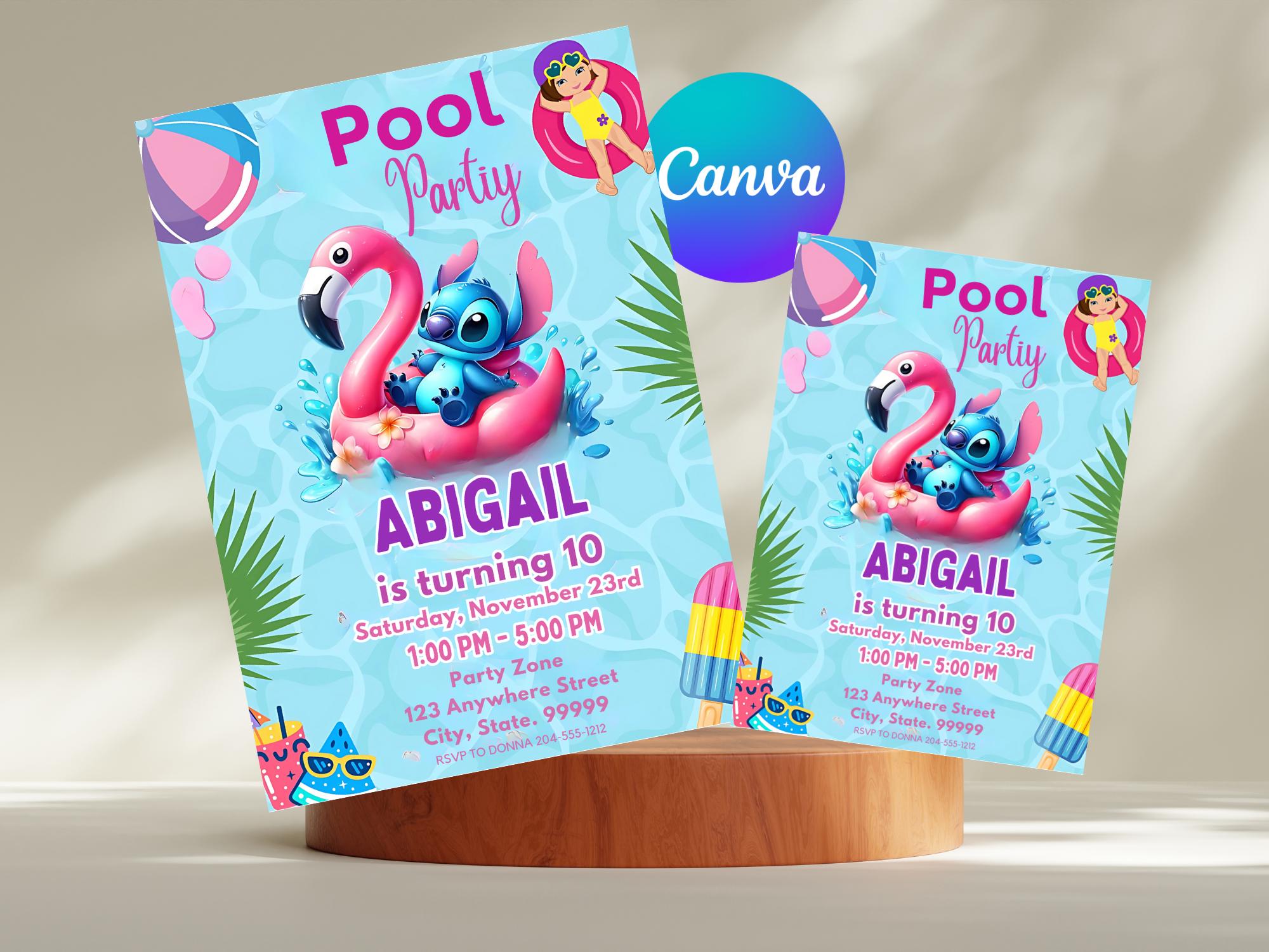 Stitch bearbeitbare Geburtstagseinladungsvorlage, Stitch Pool druckbare Geburtstagseinladung, digitale Kinderparty einladen, digitale Geburtstagskarte einladen
