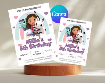Gabbys Puppenhaus-Geburtstagseinladung, bearbeitbare Gabby&#39;s Kindergeburtstag einladen, Gabyys Vorlage bearbeitbare druckbare, sofortige Download-Einladung