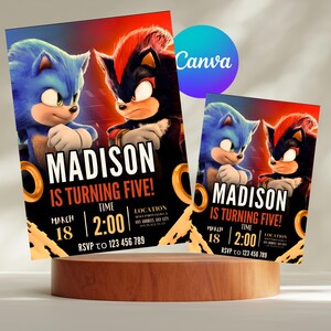 Pode incluir: Dois convites de aniversário com Sonic e Shadow. Os convites dizem "MADISON FAZ CINCO ANOS!" com a data, hora e informações de RSVP. O fundo é vermelho e preto.